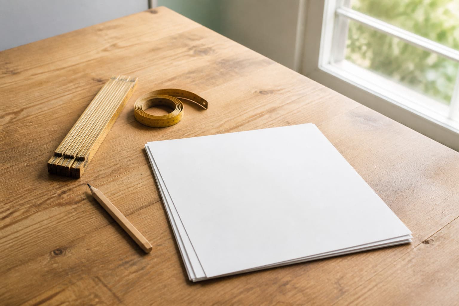 Zollstock, Maßband, Bleistift und leere Blätter auf einem hellen Holztisch