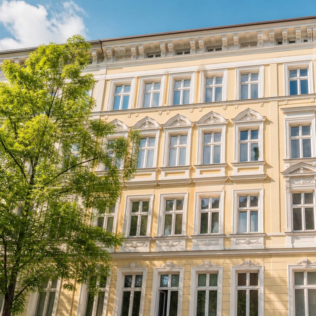 Frisch gestrichene Fassade um ein Fenster mit weißer Laibung