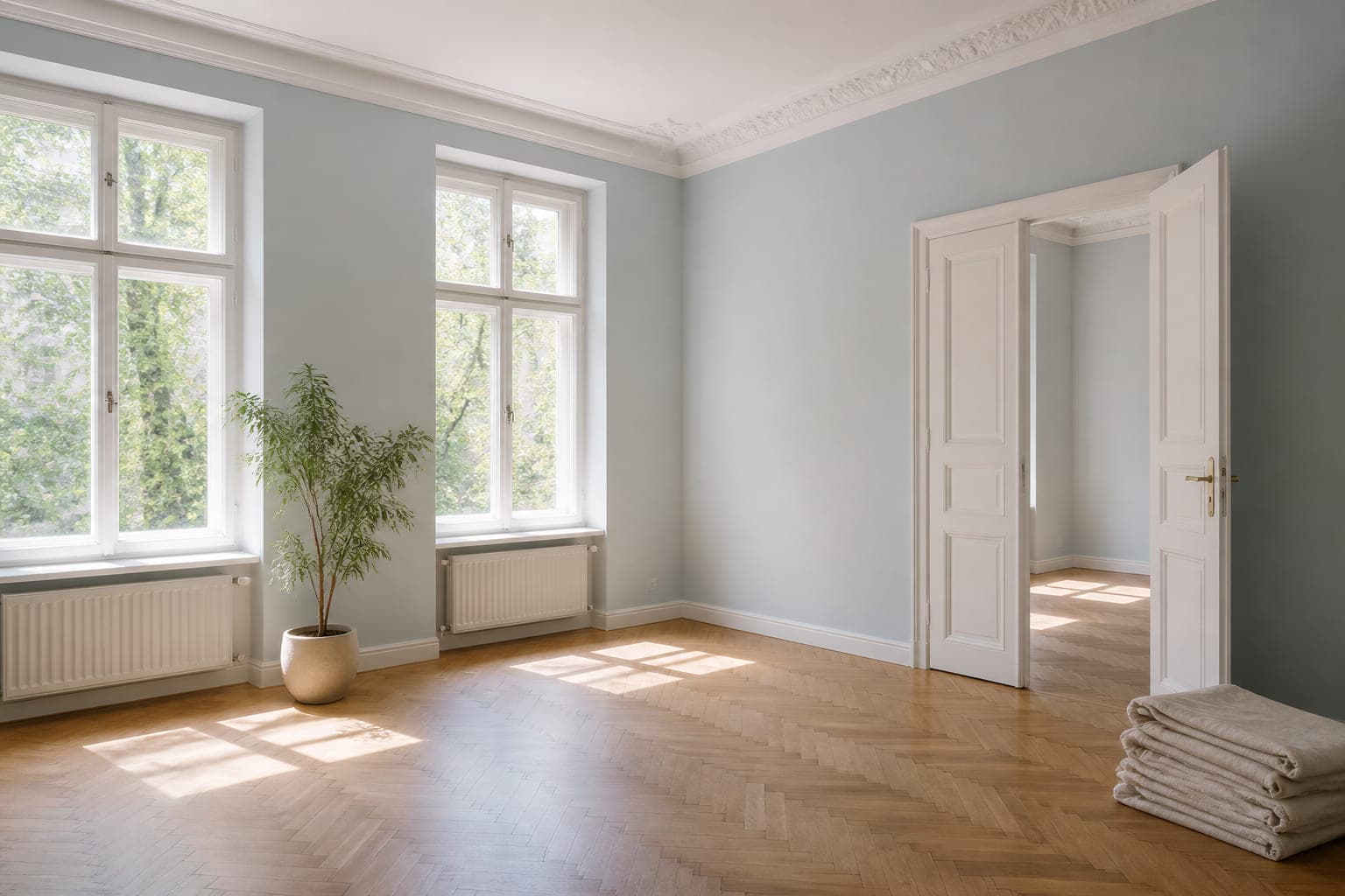Leeres Schlafzimmer mit Wänden in blassem Rauchblau