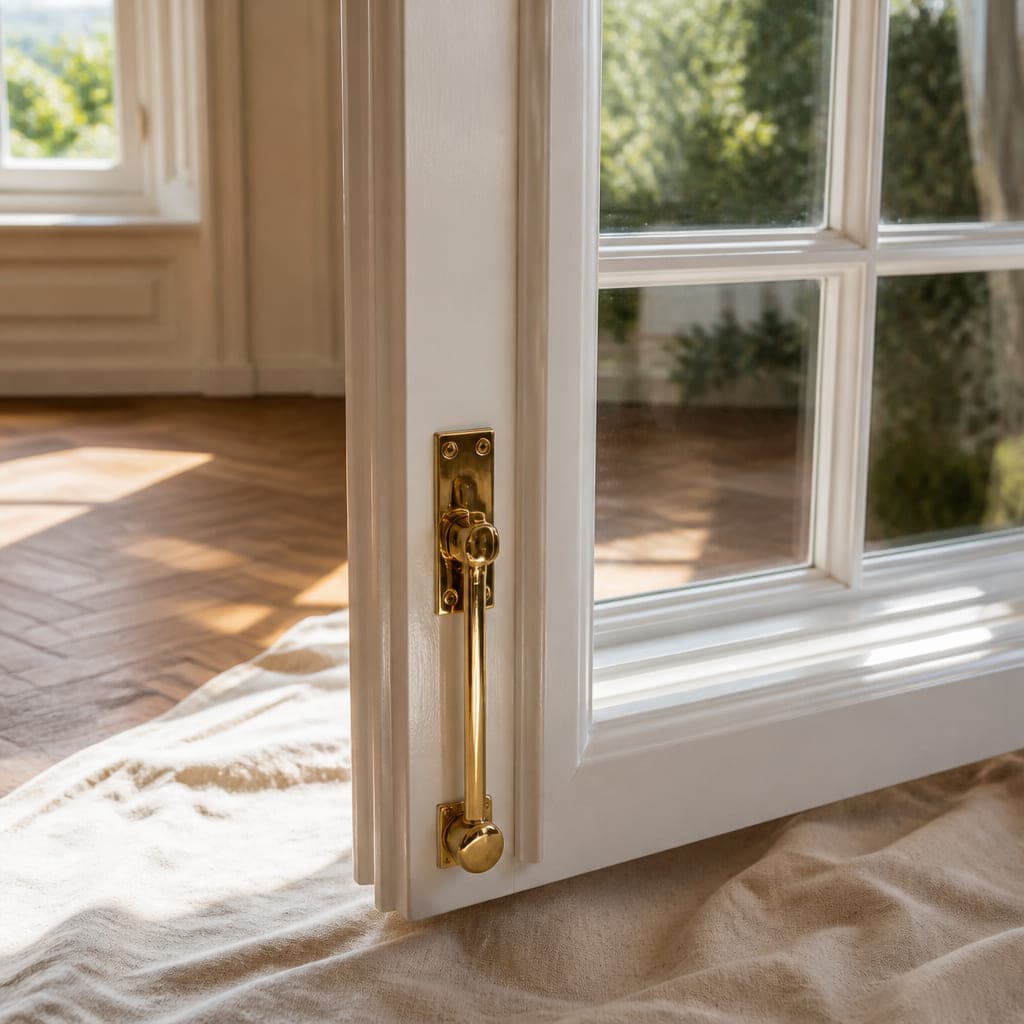 Frisch lackiertes weißes Fenster mit poliertem Messingbeschlag