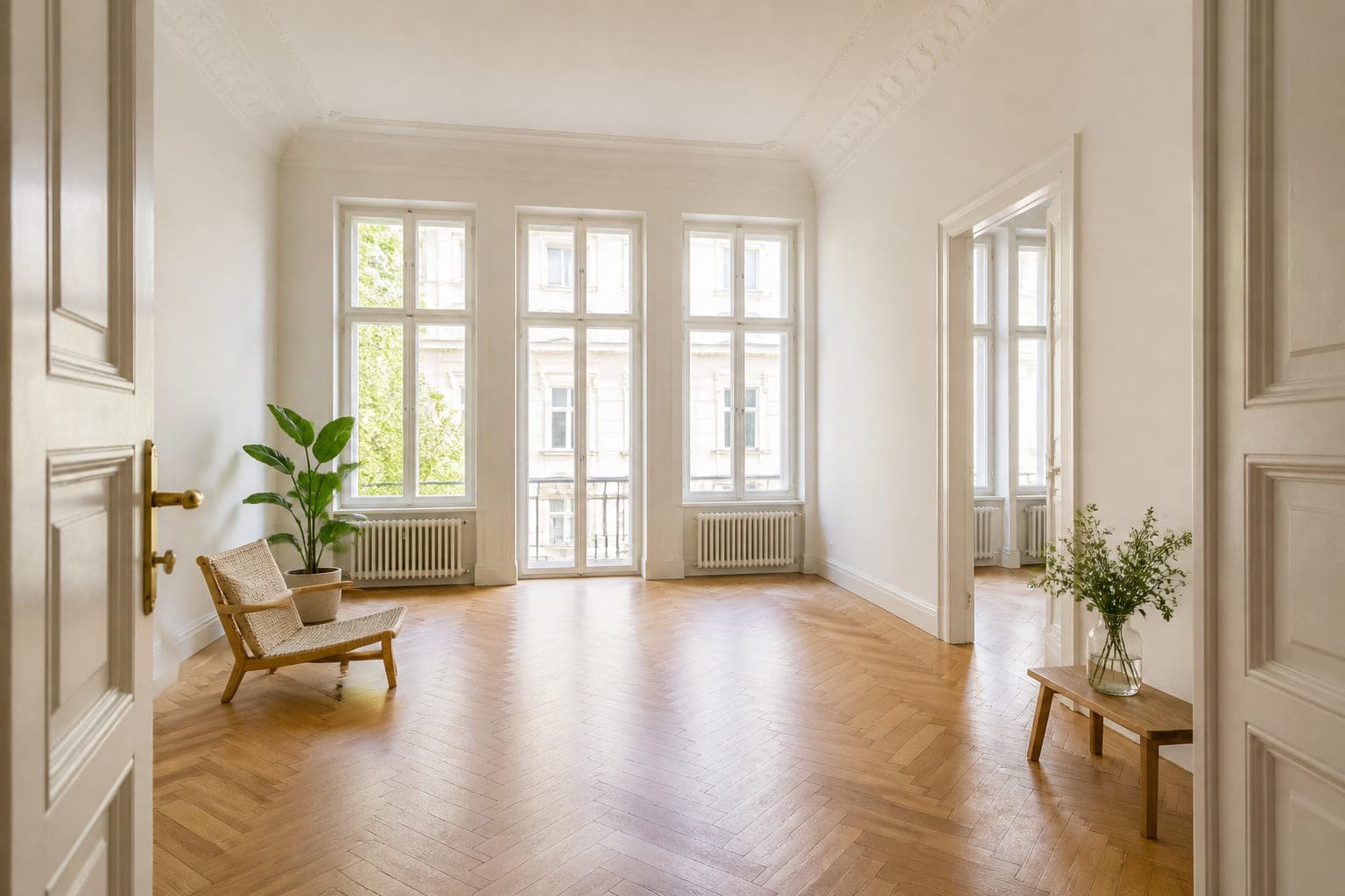 Heller Flur mit Malervlies auf dem Parkett und angelehnter Leiter