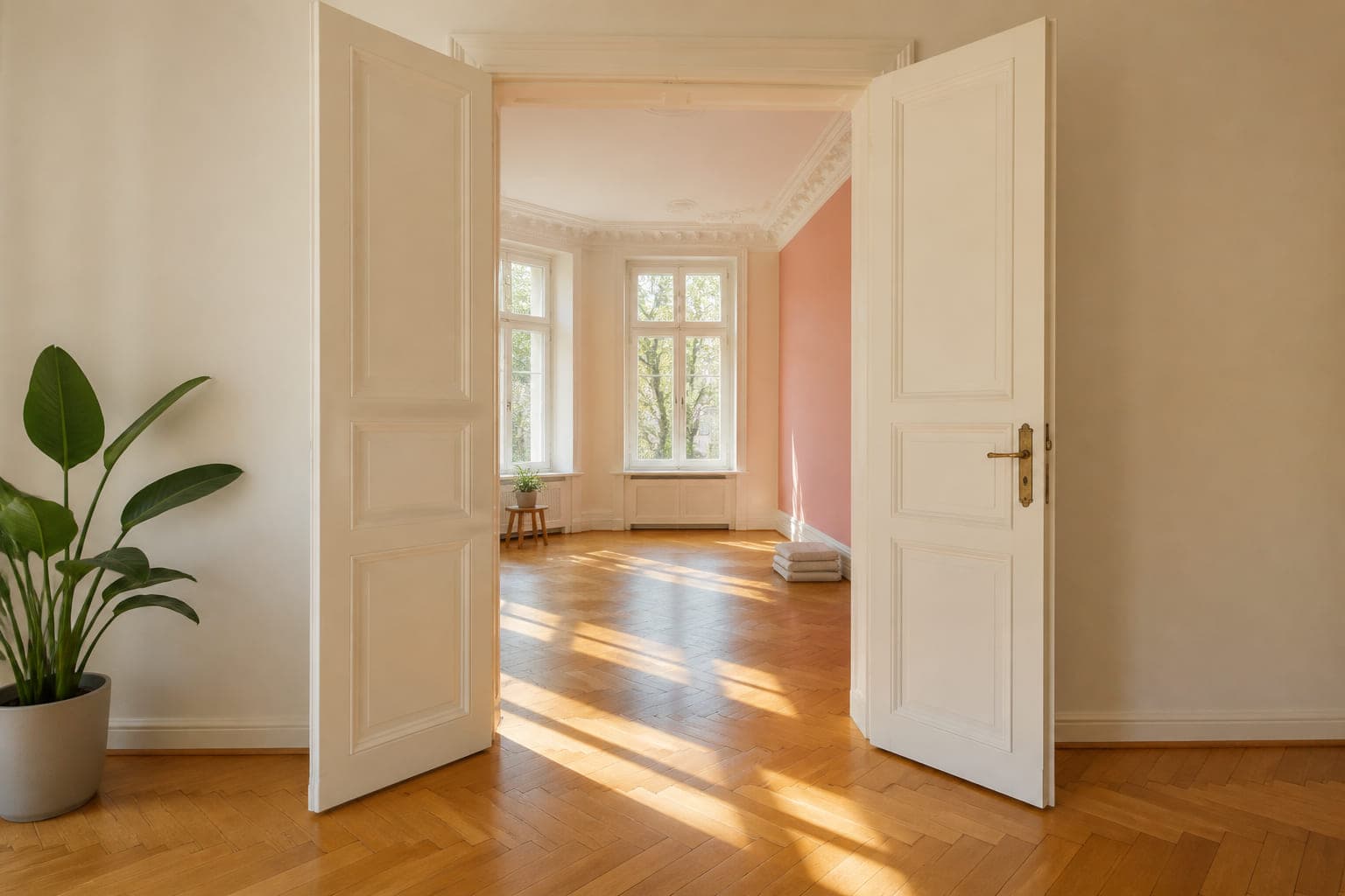 Vierzimmerwohnung mit Blick durch eine Flügeltür in den Nebenraum