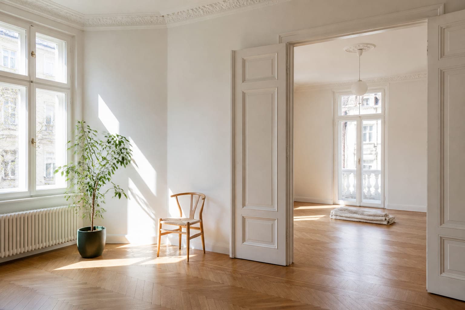 Dachzimmer mit weißen Schrägen und einer sandfarbenen Giebelwand