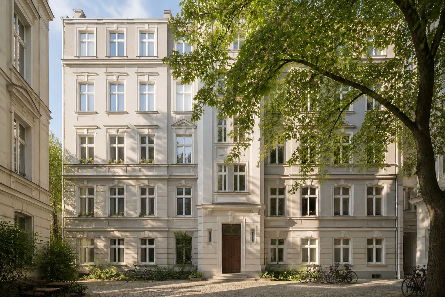 Hoffassade in warmem Grau mit weißen Fensterlaibungen
