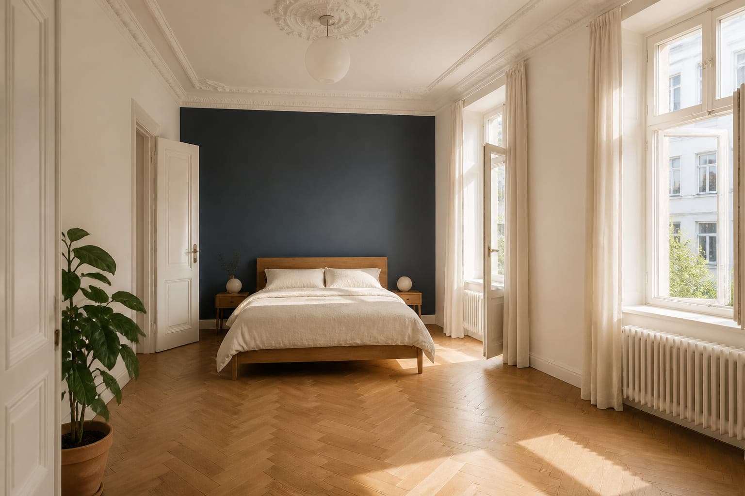 Schlafzimmer mit blaugrauer Wand hinter dem Bett