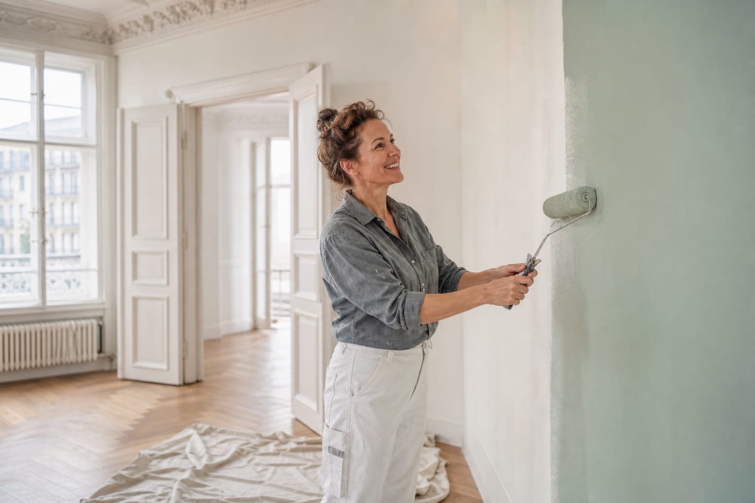 Malerin rollt den Schlussanstrich, die halbe Wand ist bereits salbeigrün