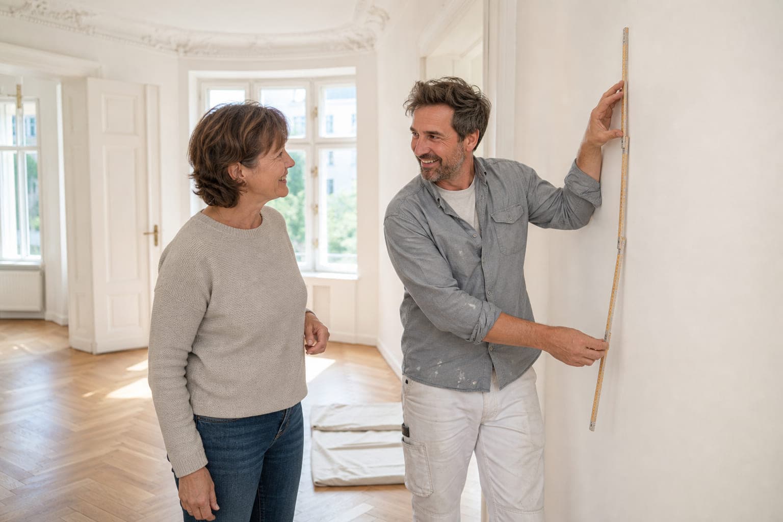 Malermeister hält einen Zollstock an die Wand, die Kundin sieht zu