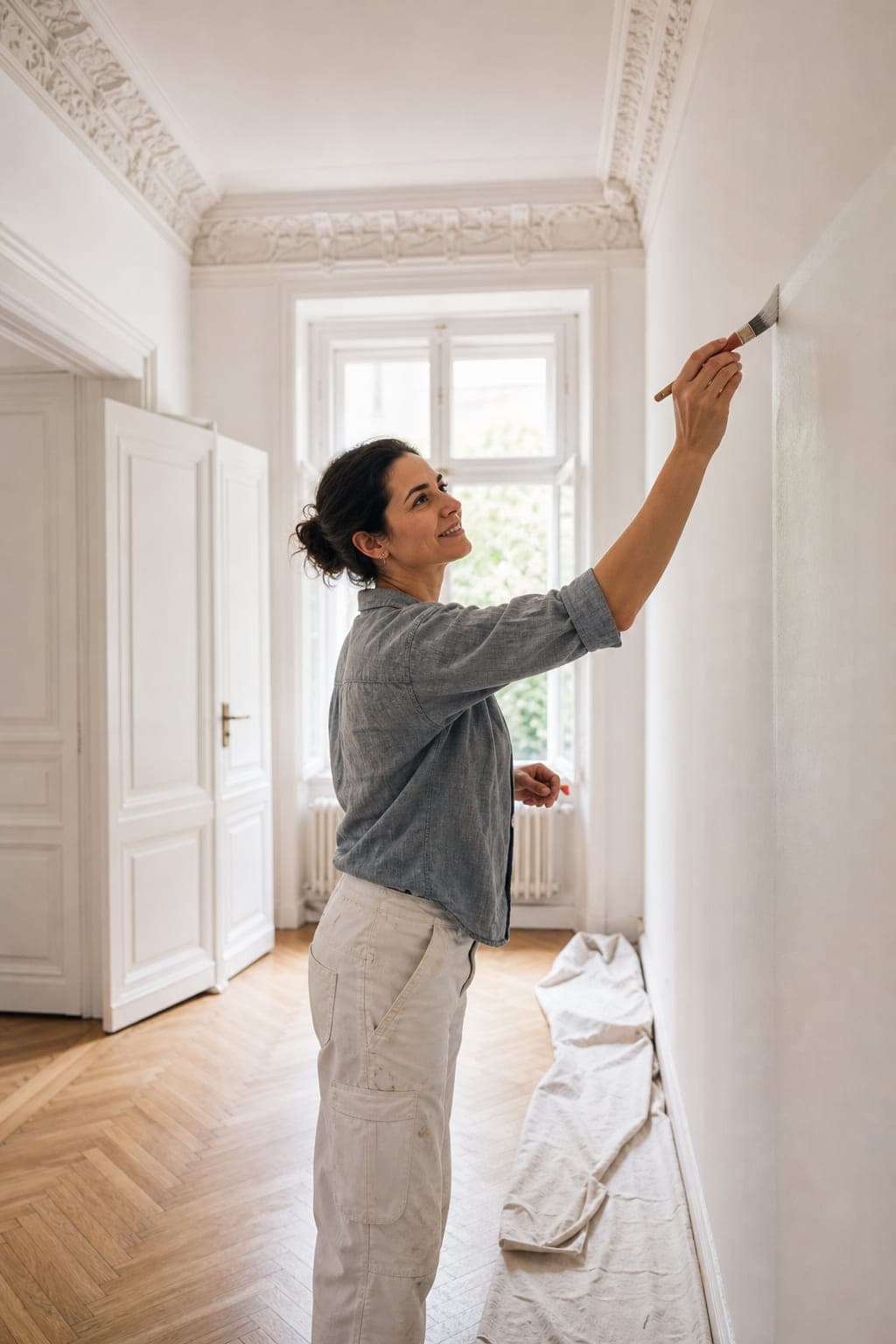 Malerin zieht mit dem Pinsel eine Kante an der Oberkante einer Wand