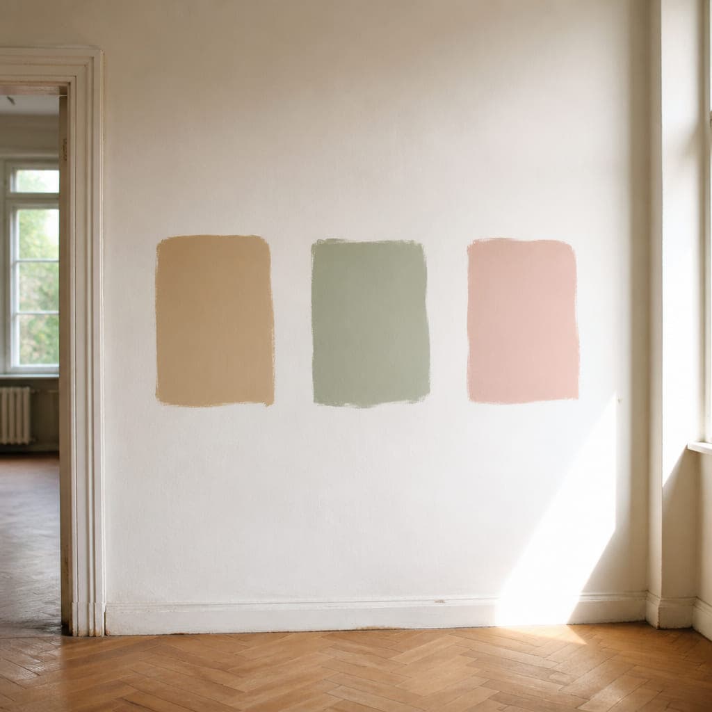 Drei angestrichene Musterflächen nebeneinander auf einer weißen Wand