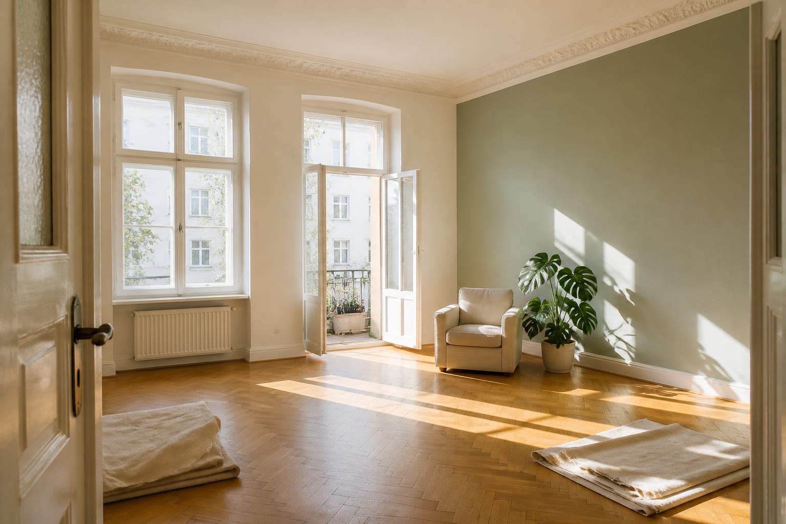 Frisch gestrichenes Wohnzimmer in warmem Weiß mit einer salbeigrünen Wand