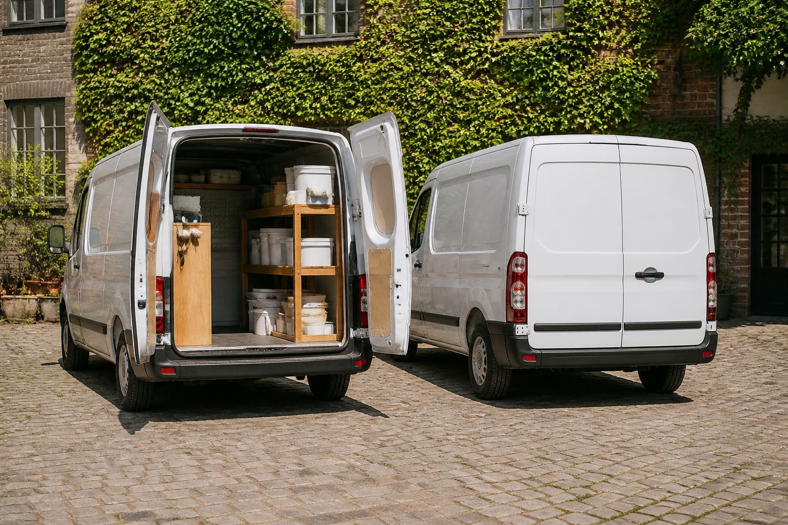 Zwei weiße Transporter in einem sonnigen Hinterhof, eine Hecktür offen