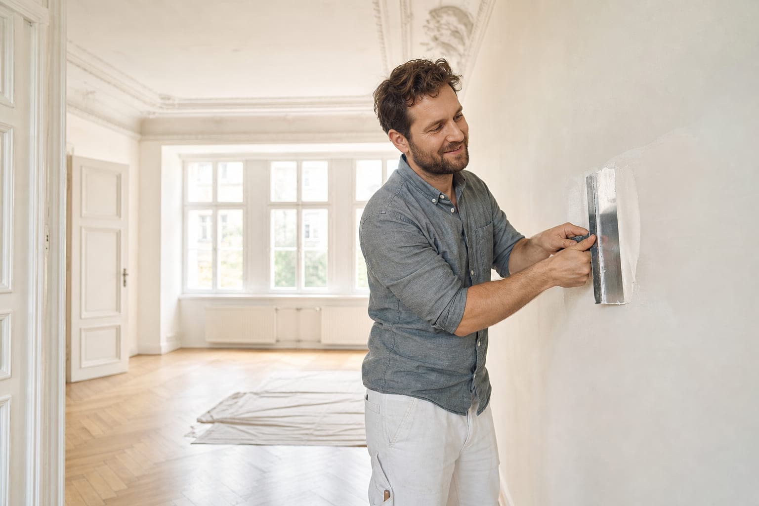 Maler zieht Spachtelmasse mit einer breiten Glättkelle über die Wand